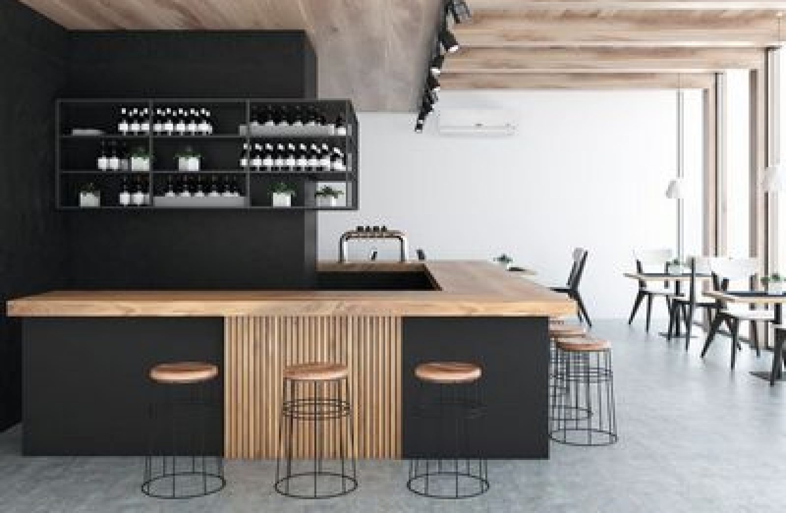 Front view of a black wall bar interior with a concrete floor, a wooden bar and rows of stools standing near it. 3d rendering mock up; Shutterstock ID 1074757415; Client/Licensee: -
